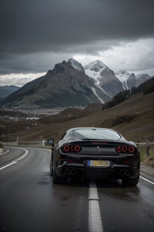 A Ferrari car on a long drive on road
Between two mountains dark cloud rainy weather,full beautiful view