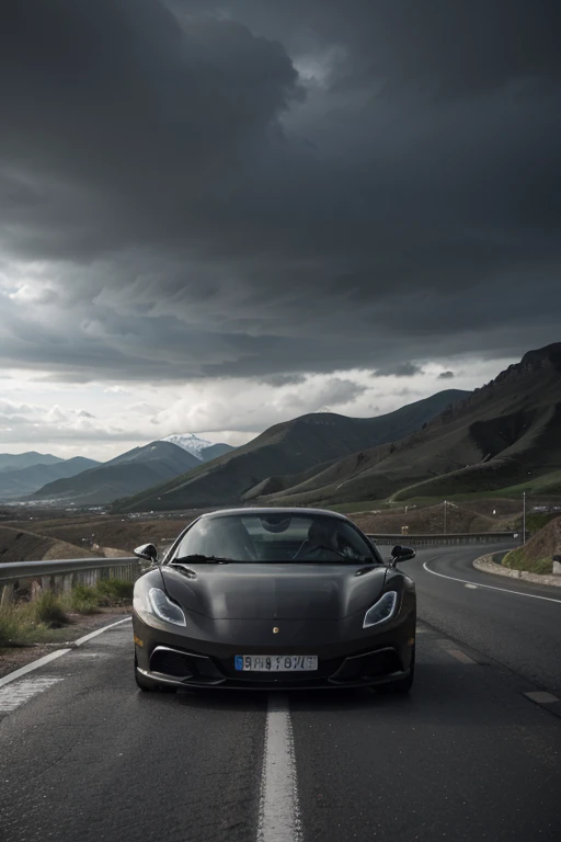 A Ferrari car on a long drive on road
Between two mountains dark cloud rainy weather,full beautiful view