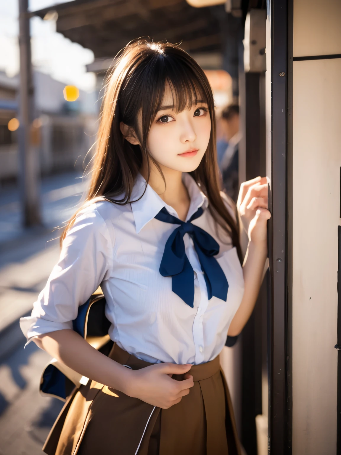 8K、Detailed Description、Very high definition、Realistic、reality的、Real、live-action、reality、High resolution、Nogizaka46、japanese idol,beautiful girl、21 years old、Angle of view that allows you to see the whole body、Mouth closed、ponytail、Railway stations、school uniform、Checkered Skirt、半袖の高校の、Very black hair、pretty girl、Beauty、Glowing Skin、Glowing Skin、Shiny Hair、Very white skin、Headband、Heavy makeup、Large Breasts、Slit eyes、Big Eyes、Double eyelids、Don't show your teeth、Looking up、Bend over and peer at me、smile、