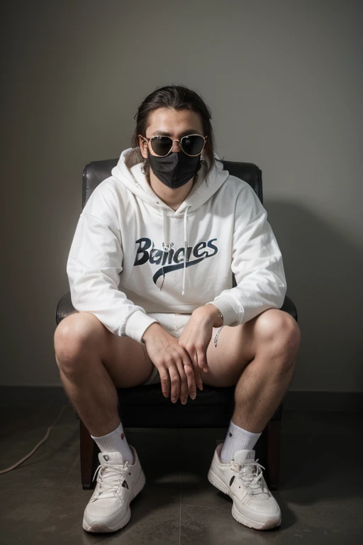 Design a 3D visual for a profile image featuring a 20-year-old charismatic man in a White hoodie, casually seated on a Wingback chair. Adorned with sneakers, a Yellow mask, and sunglasses, he gazes forward. The backdrop displays the name “Harshit” in bold yellow neon light fonts against a dark grey wall. Intentionally omit his shadow and incorporate wings for an angelic touch