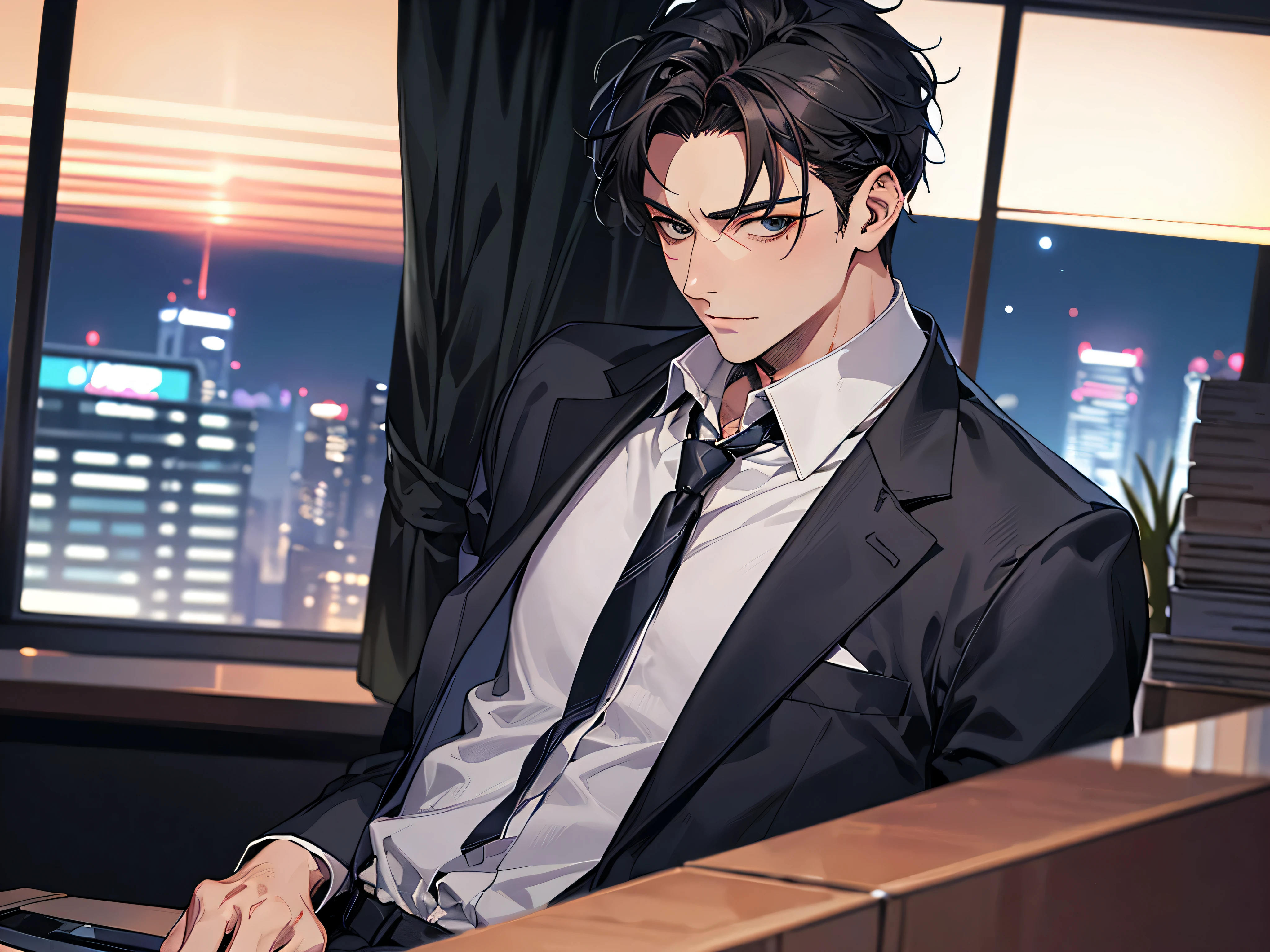middle aged male,ビューアーにカベドン,((close up)),dramatic angle,masterpiece,shoot from below, upper body shot, business Suit,tie,man,solo,(40-year-old),Black top, short hair,looking at viewer,office,(night)