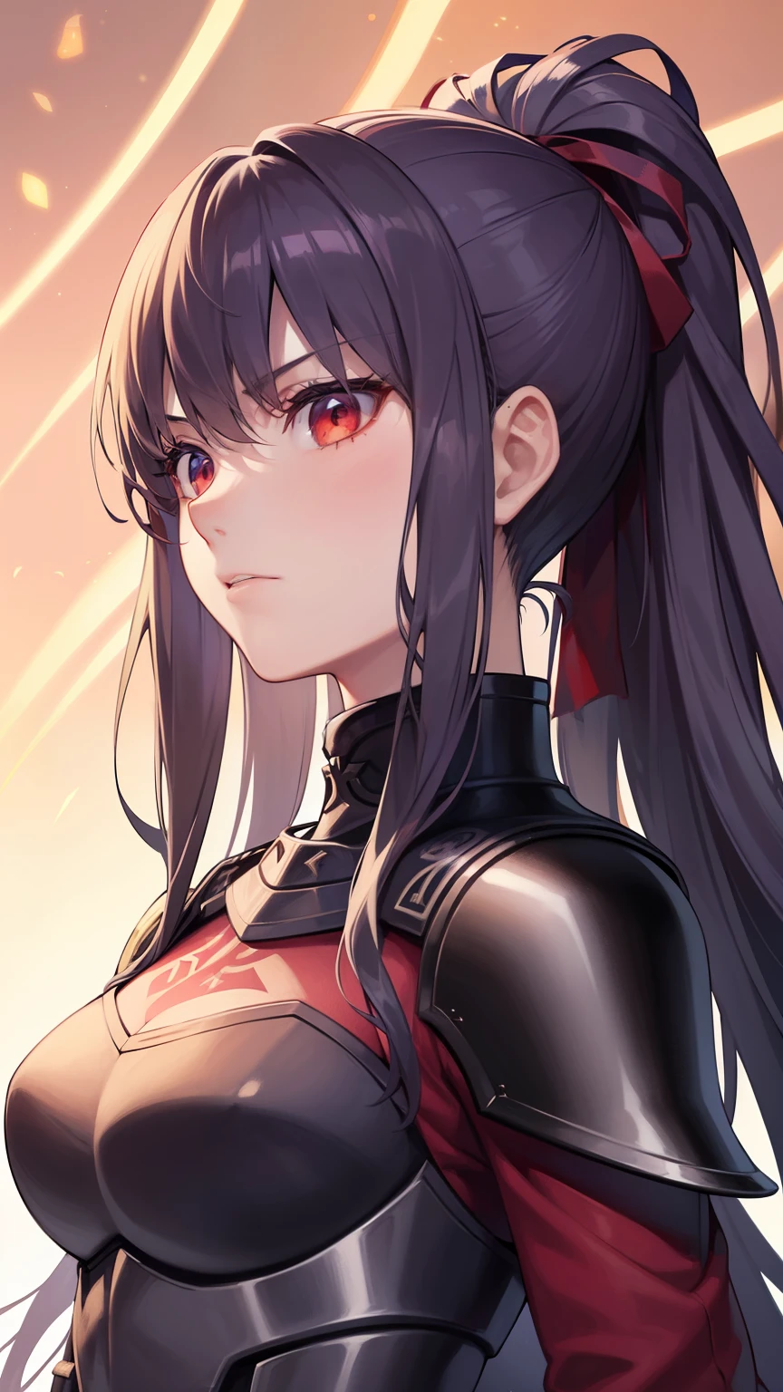 (high-quality, breathtaking),(expressive eyes, perfect face) 1female, girl , solo, young adult, long hair length, wavy curly hair, soft wave, dark purple hair color, blue highlights in hair, deep red eye color, background, serious expression, mature, dominant, haunting green background, armor, gold armor with red trim, saber alter, alter saber fate stay night, red lines on armor, conqueror vibe, red markings on armor, slightly narrow eyes, warrior, narrow beautiful eyes, beautiful hair, detailed eyes, ponytail, full plate armor
