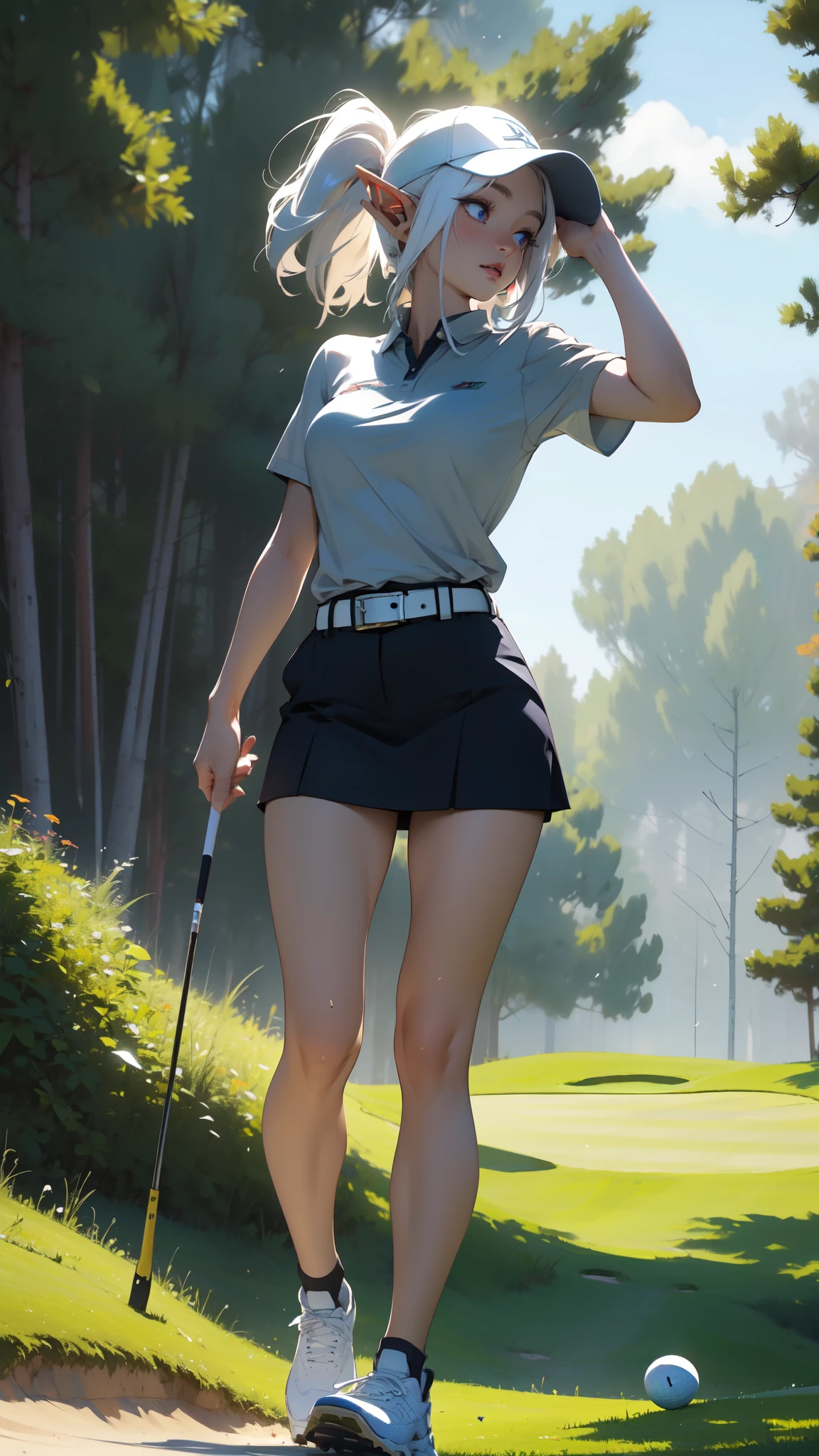 ((masterpiece)), (top quality), (best quality), ((ultra-detailed, 8k quality)), Cinematic lighting, soft semi-backlit light, (detailed line art), absurdres, (best composition), (high-resolution), Aesthetics,
BREAK,
(elf female), (detailed outfit), (20 years old), golfer, content, focused, (contrapposto), golf shirt, golf skirt, (golf visor cap), golf glove, golf shoes, sweat, atmospheric perspective,
BREAK,
(background, from front, outdoor, golf course, sand trap, trees, flag, morning, clear), cinematic dramatic atmosphere,
BREAK,
highly detailed of ((elf:1.4)), (1girl), solo, perfect face, details eye, ahoge, ponytail, (white shining hair:1.2), (forehead), medium hair, [[floating hair]], violet eyes, shining eyes, (beautiful detailed eyelashes, eyeshadow, pink eyeshadow), Concept art by Mikimoto Haruhiko, by Kawacy, By Yoshitaka Amano,
BREAK, 
((perfect anatomy)), (perfect body), Abs, (medium breast), perfect hands, perfect face, beautiful face, beautiful eyes, perfect eyes, (perfect fingers, deatailed fingers), correct anatomy, perfect legs, skinny, 