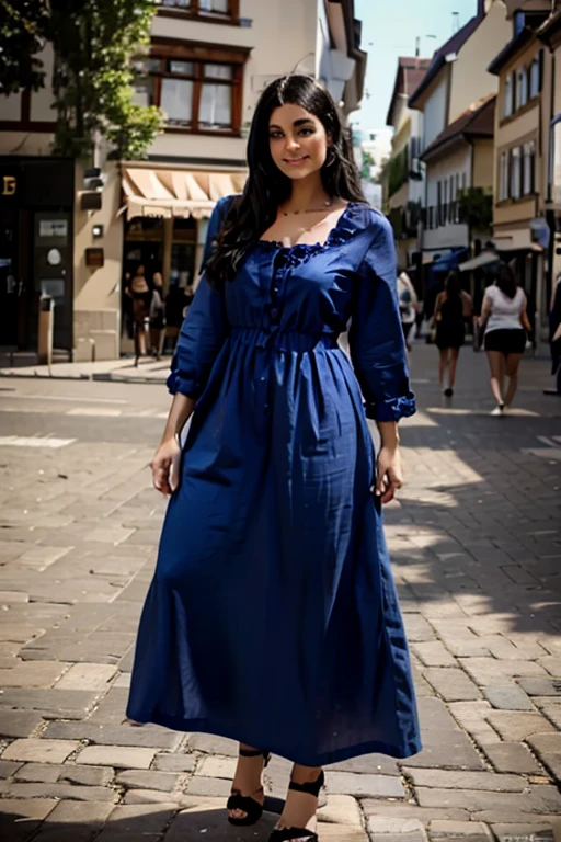 black hair babe traveling in a German city wearing traditional German clothes, blue eyes, enchanting, stunning, babe, dress, cosplay