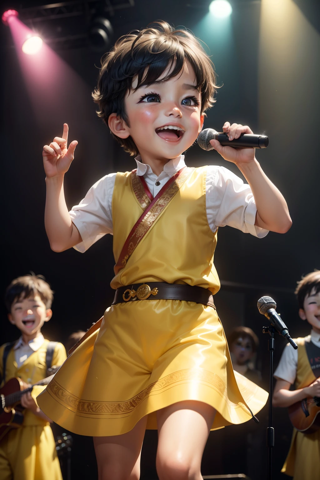 A little cute boy singer, around six years old, gleams with excitement as he steps onto the crowded stage. His sparkling eyes shine under the crisp, 8k, 4k, full HD, hyper-realistic, full realistic lighting, which illuminates every detail of his chibi-style outfit. The crowd roars in anticipation, their faces beaming with enthusiasm. With a wide smile, the boy singer grabs the microphone, ready to belt out his heartfelt melody, leaving everyone spellbound in the lush, intricately detailed background of the forest-themed studio.