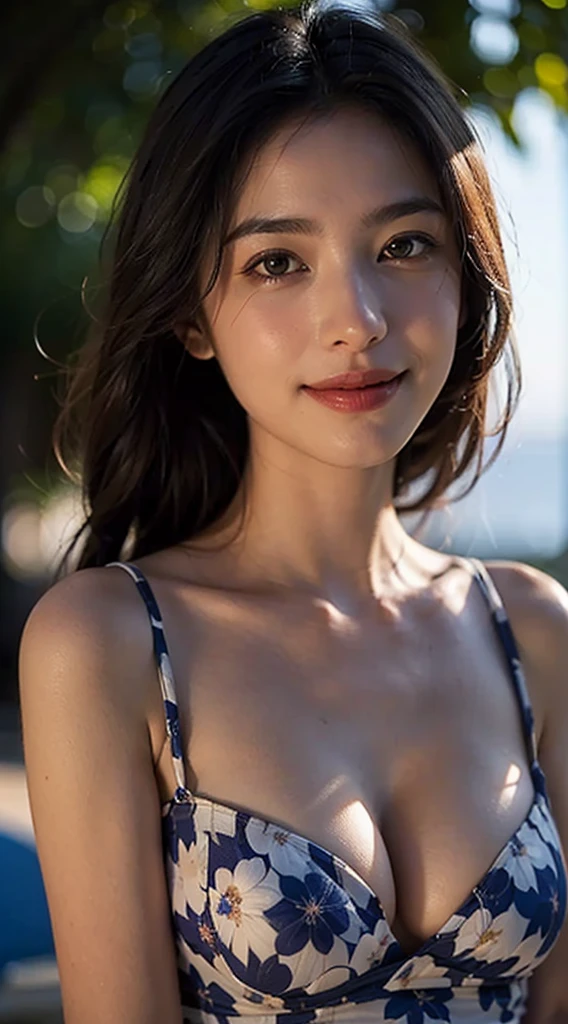 ticker, (sharp focus:1.2), photo-realistic, portrait, intractive young woman, winding, Long hair, cleavage c cup, (beautiful face:1.2), (smile1.4)、fine eyes, luscious lips, (eye make up:1.2),  wear (floral dress:1.2) in (beach:1.2). (morning sun lighting:1.2), Depth of bounds written, Bokeh, 4K, HDR. By (james c. Christensen:1.2|Jeremy Lipking:1.1).