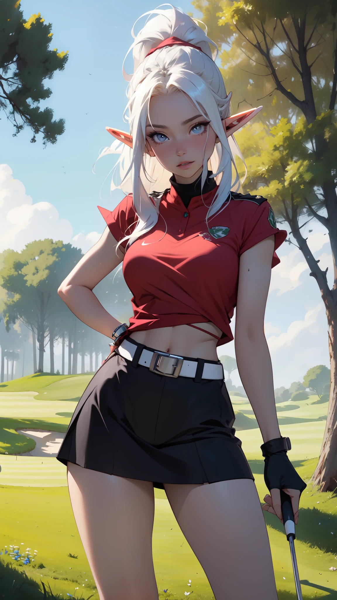 ((masterpiece)), (top quality), (best quality), ((ultra-detailed, 8k quality)), Cinematic lighting, soft semi-backlit light, (detailed line art), absurdres, (best composition), (high-resolution), Aesthetics,
BREAK,
(elf female), (detailed outfit), (20 years old), golfer, content, focused, (contrapposto), golf shirt, golf skirt, (golf visor cap), golf glove, golf shoes, sweat, atmospheric perspective,
BREAK,
(background, from front, outdoor, golf course, sand trap, trees, flag, morning, clear), cinematic dramatic atmosphere,
BREAK,
highly detailed of ((elf:1.4)), (1girl), solo, perfect face, details eye, ahoge, ponytail, (white shining hair:1.2), (forehead), medium hair, [[floating hair]], violet eyes, shining eyes, (beautiful detailed eyelashes, eyeshadow, pink eyeshadow), Concept art by Mikimoto Haruhiko, by Kawacy, By Yoshitaka Amano,
BREAK, 
((perfect anatomy)), (perfect body), Abs, (medium breast), perfect hands, perfect face, beautiful face, beautiful eyes, perfect eyes, (perfect fingers, deatailed fingers), correct anatomy, perfect legs, skinny, 