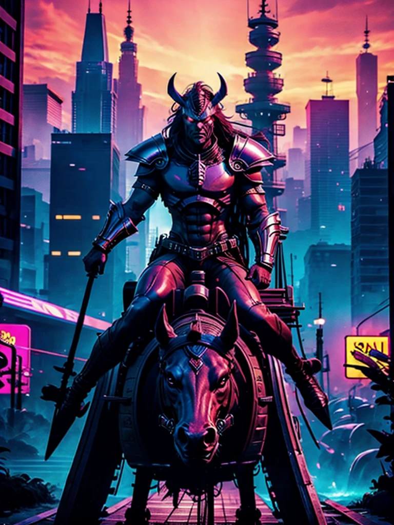 Year 2385 - A futuristic Barbarian With Full Armor and glowing eyes (Baron Karza) on a horse, Rides through City. Style Neon Punk. 