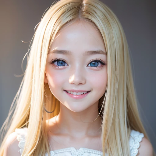 one very beautiful cute young girl、10 years old、((very happy smile ))、Embarrassed blush、Beautiful very long shiny blonde straight hair with golden shine、Shiny and very beautiful pure white skin、Very beautiful and cute pale blue detailed eyes、shiny skin、 Very beautiful cute face、Beautiful cute bright look、Clear double eyelids、beautiful cute big eyes、A perfectly balanced face, {rightward|facing left|positive}