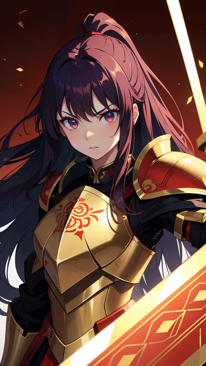 (high-quality, breathtaking),(expressive eyes, perfect face) 1female, girl , solo, adult, long hair length, wavy curly hair, soft wave, dark purple hair color, blue highlights in hair, deep red eye color, background, serious expression, mature, dominant, haunting green background, armor, gold armor with red trim, saber alter, alter saber fate stay night, red lines on armor, conqueror vibe, red markings on armor, slightly narrow eyes, warrior, narrow beautiful eyes, beautiful hair, detailed eyes, ponytail, full plate armor