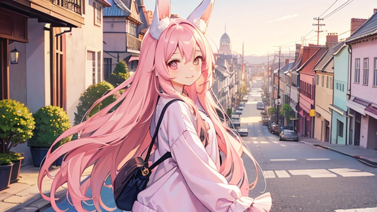 beautiful illustrations, highest quality, pretty girl, pastel colour, fluffy rabbit ears, , pink long hair, rabbit stuffed, pale pink eyes,lively atmosphere street town,casual clothes,smile