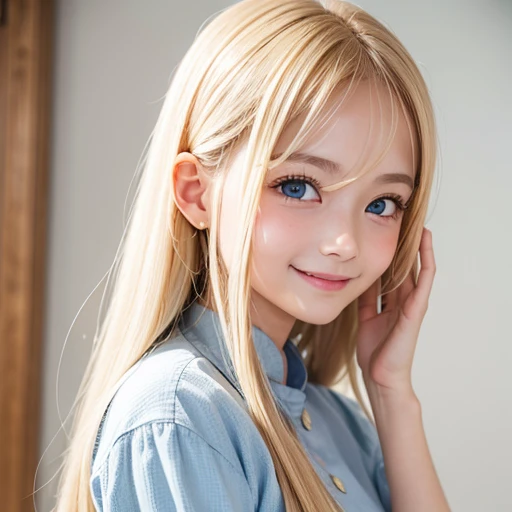 one very beautiful cute young girl、、((very happy smile ))、Embarrassed blush、Beautiful very long shiny blonde straight hair with golden shine、Shiny and very beautiful pure white skin、Very beautiful and cute pale blue detailed eyes、shiny skin、 Very beautiful cute face、Beautiful cute bright look、Clear double eyelids、beautiful cute big eyes、A perfectly balanced face, {rightward｜facing left｜positive}