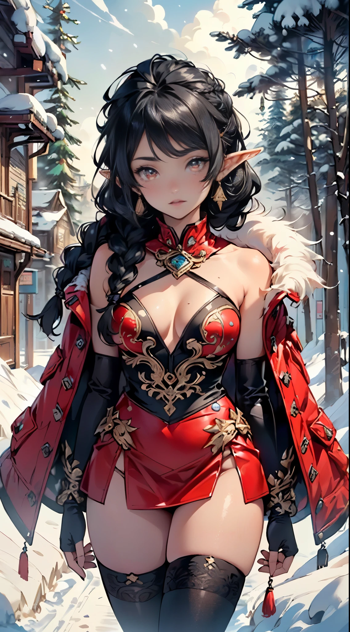 cute elf ,girl, 1girl,(((little ,tiny little body,small))),(((6 ))),((anime elf  with extremely cute and beautiful black hair)),(((elf, elf ears))),

(((flat chest))),((((black hair:1.35,hair with a braid,colored inner hair,ear breathing)))),(((red_eyes:1.3))),intricate eyes,beautiful detailed eyes,symmetrical eyes,big eyes:1.5,(((lustrous skin:1.5,bright skin: 1.5,skin tanned,shiny skin,very shiny skin,shiny body,plastic glitter skin,exaggerated shiny skin,illuminated skin))),(delicate detailed fingers,detailed body,detailed arms,human hands,(detailed face)),

cute,slutty,erotic,daring,nsfw,

zettai ryouiki,revealing clothing,show skin,(((Sexy red fur coat, red fur coat outfit, wearing a red fur coat:1.3,red winter coat))), ((red mini-skirt,red mini skirt with furry edge,visible thong straps)),(white gloves,red clothes,semi-naked,with little red clothing,((((furry edge clothing)))),(((intricate outfit,intricate clothes,embroidered outfit,ornate outfit,embroidered clothes,ornate clothes))),

(dynamic pose:1.0),embarrassed,(centered,scale to fit dimensions,Rule of thirds),

((snowy pine forest at night)), with dark stormy clouds,winter,scenery:1.25,((snow forest background)),Christmas tree,

highres,sharp focus,(ultra detailed,extremely detailed),(photorealistic artwork:1.37),(extremely detailed CG unity 8k wallpaper),(((vibrant colors,vibrant theme))),(intricate),(masterpiece),(best quality),