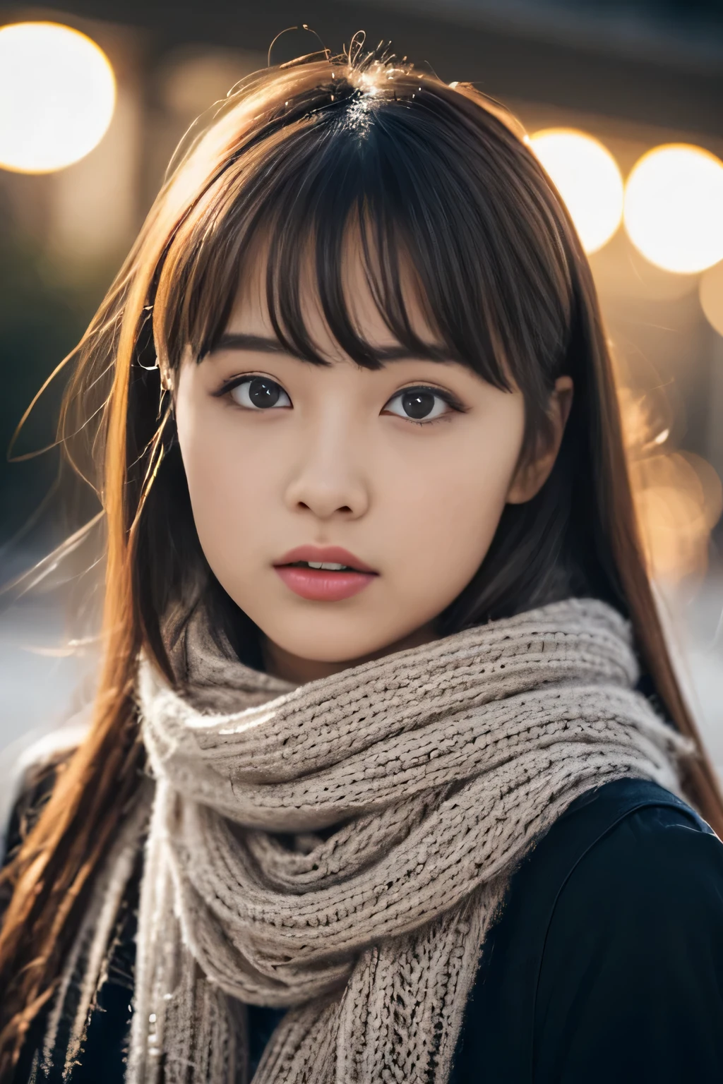 ((no makeup、close your mouth:1.2))、(realistic、Photoreal、Super detailed、best detailed skins、highest quality、masterpiece、ultra high resolution)、cute japanese woman、19 years old、high school girl、young girl、1 girl、have bangs、double eyelid、drooling eyes、Japanese style face、purity、double teeth、realistic肌タイプ、thick muffler、Grey muffler、fluffy hair、((hair is inside the scarf:1.3))、red cheeks、the wind is blowing、that'It's snowing、night、illumination、Light is coming in from behind