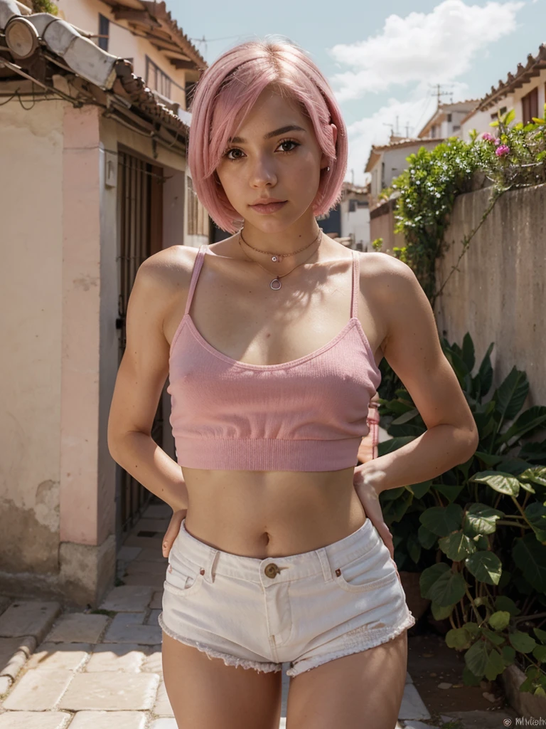 Beautiful slim young girl with white skin short pink hair, cintura delgada, muslos grandes, small breasts, cabello corto hasta los hombros color rosa, usando camisa blanca ajustada y mini shorts de mezclilla, collar de cuero en el cuello, Watch on the wrist, caminando por una calle no transitada con casas lujosas a los costados, natural lighting,