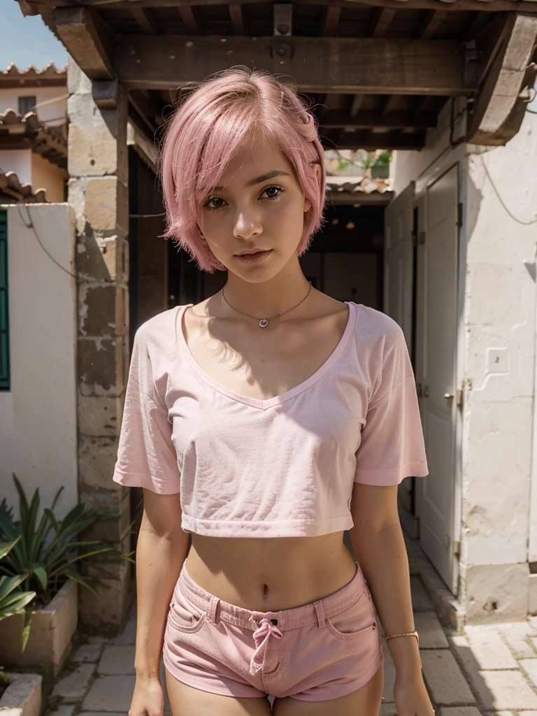 Beautiful slim  young girl with white skin short pink hair, cintura delgada, muslos grandes, small breasts, cabello corto hasta los hombros color rosa, usando camisa blanca ajustada y mini shorts de mezclilla, collar de cuero en el cuello, Watch on the wrist, caminando por una calle no transitada con casas lujosas a los costados, natural lighting, 