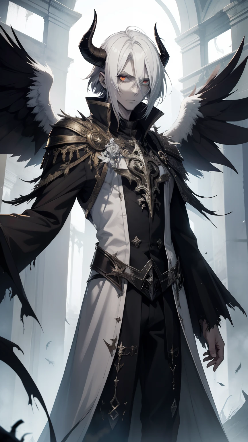 zombie, fallen angel, tall horns, seraph, 1boy, male, man, older man, mature, tall, lanky, black wings, holy, open arms, white clothes, eye glash, white hair, fantasy, elder god,