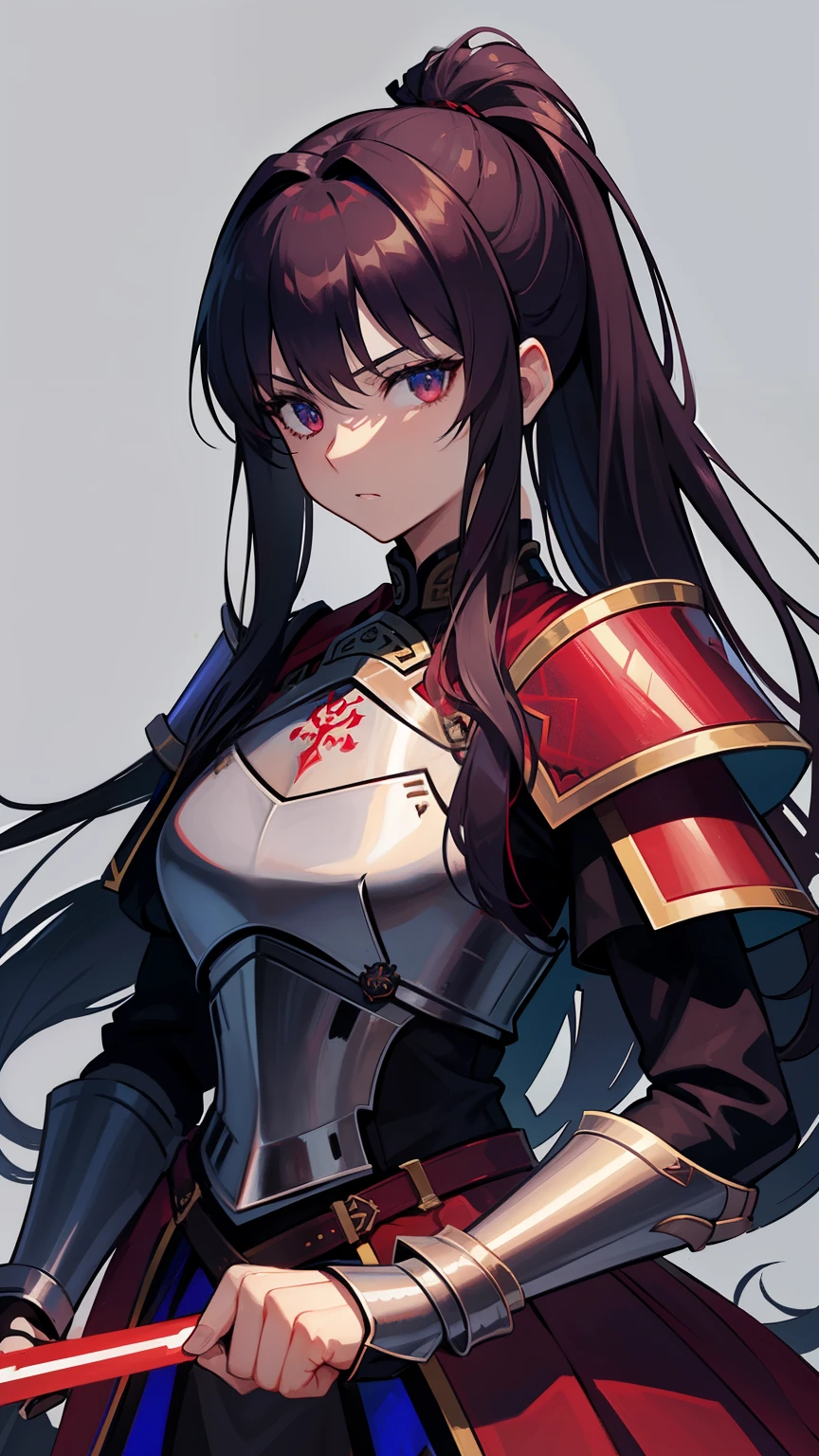 a Female tiefling rouge,portrait,medium breasts, natural red skin,horns,long sleek black hair,piercing yellow eyes,detailed facial features,((((leather armor)))),dagger in hand,mischievous smile,shadowy background,best quality,ultra-detailed,photorealistic,vivid colors,subtle warm tones,soft studio lighting