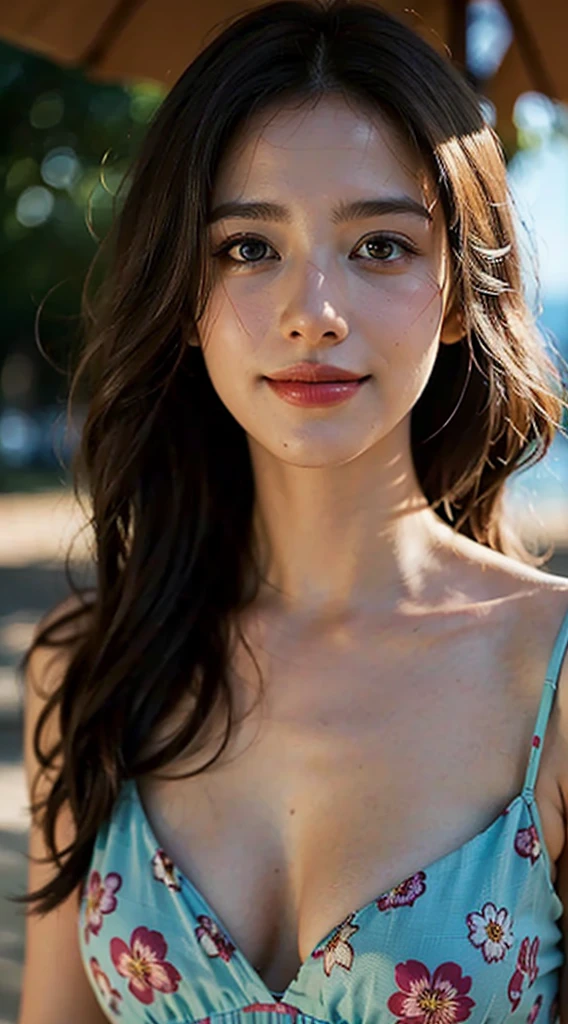 ticker, (sharp focus:1.2), photo-realistic, portrait, intractive young woman, winding, Long hair, Bug's breasts showing cleavage, (beautiful face:1.1), fine eyes, luscious lips, (eye make up:1.2), wear (floral dress:1.2) in (beach:1.2). (morning sun lighting:1.2), Depth of bounds written, Bokeh, 4K, HDR. By (james c. Christensen:1.2|Jeremy Lipking:1.1).