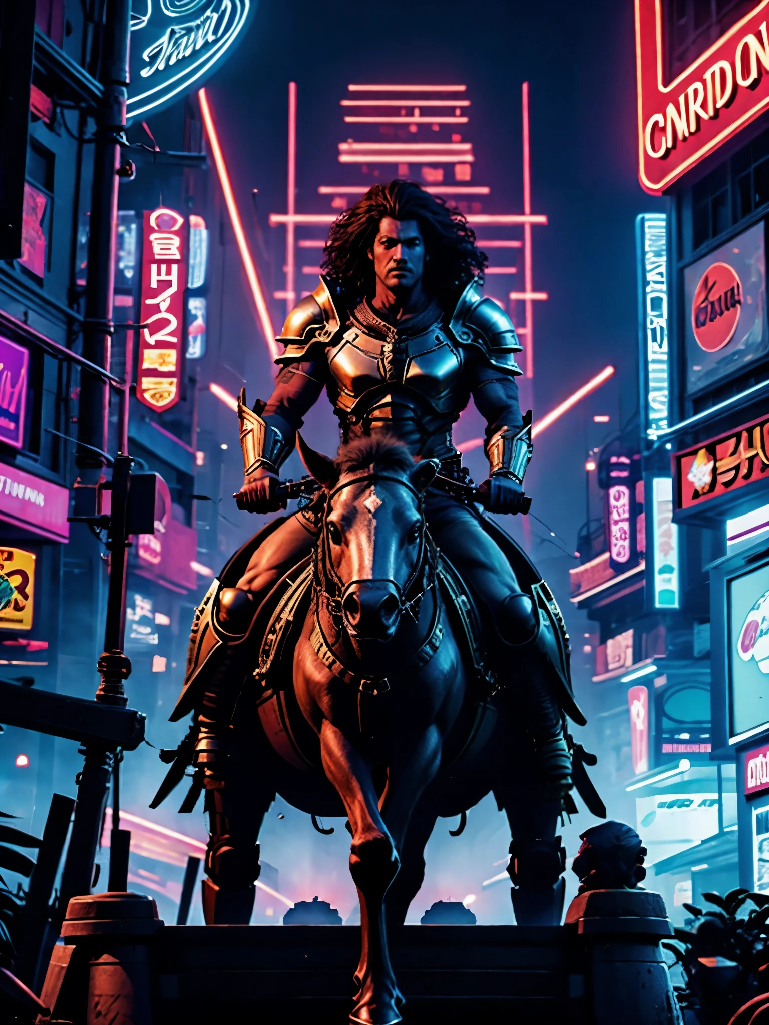 Year 2385 - A futuristic Barbarian With Full Armor and glowing eyes (Baron Karza) on a horse, Rides through City. Style Neon Punk.