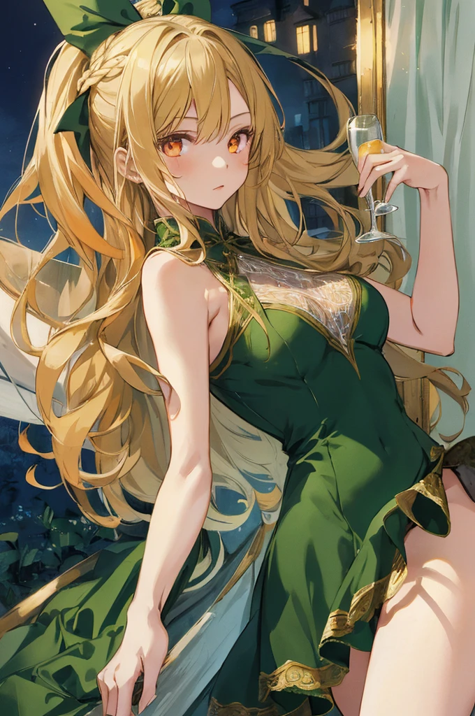 (masterpiece, highest quality), ((1 girl, alone, long hair)),Innocent expression, green_theme,Party Venue, night, see through dress, orange eyes,blonde、Holding a glass