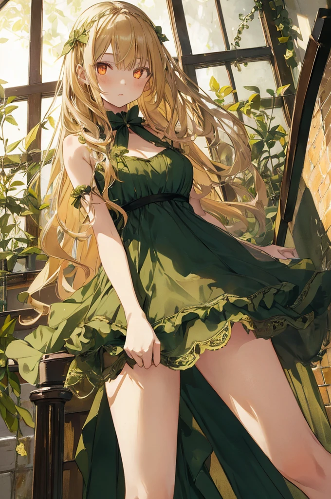 (masterpiece, highest quality), ((1 girl, alone, long hair)),Innocent expression, green_theme,Party Venue， night, see through dress, orange eyes,blonde、Holding a glass