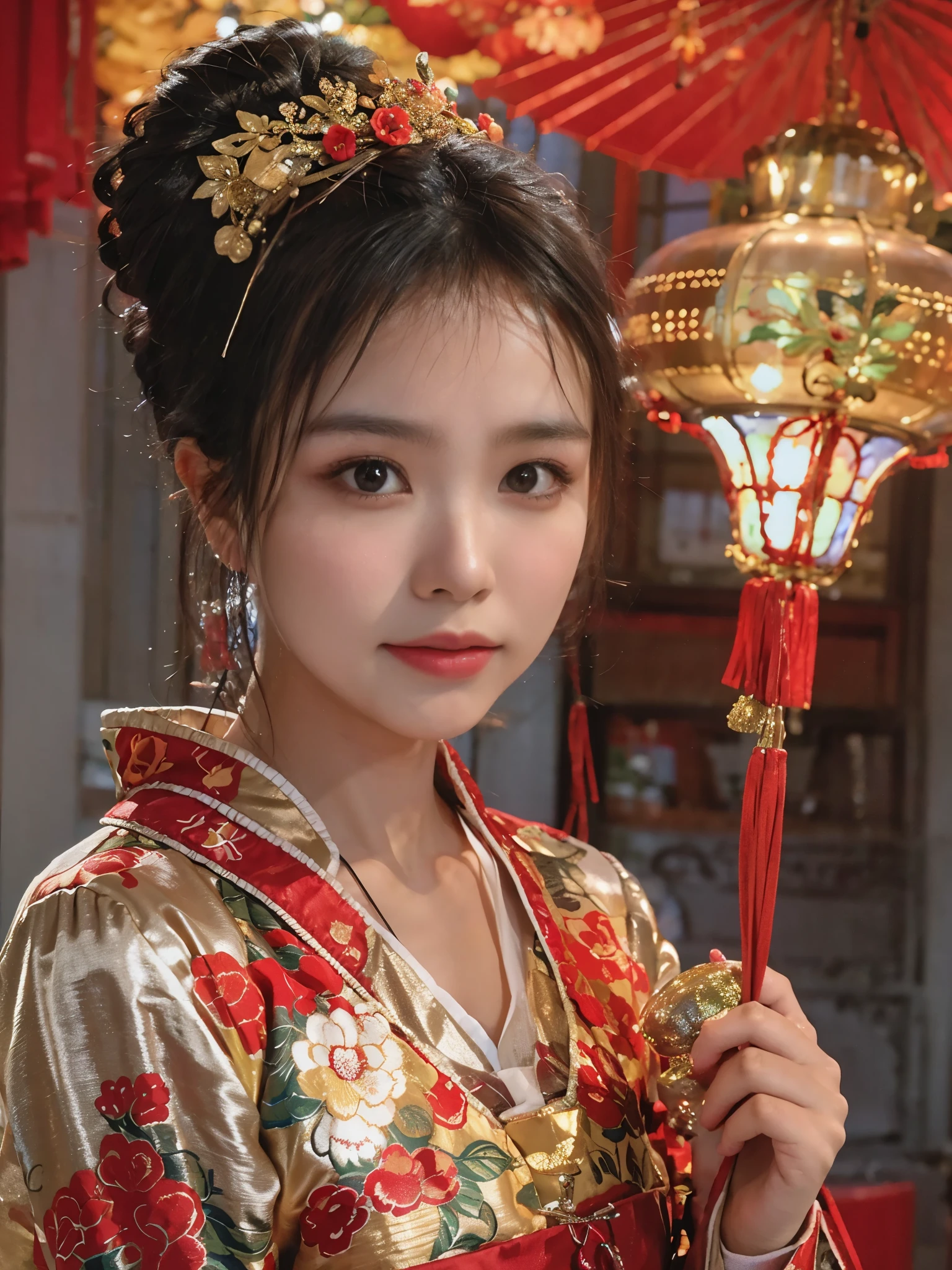 beautiful Indonesian woman, wearing modern Chinese New Year clothes, holding a red fan, indoors with Chinese New Year theme, lanterns, decorative flowers, looking at viewer, high quality photorealistic, poterit photography, aesthetic, masterpiece, ultra HD