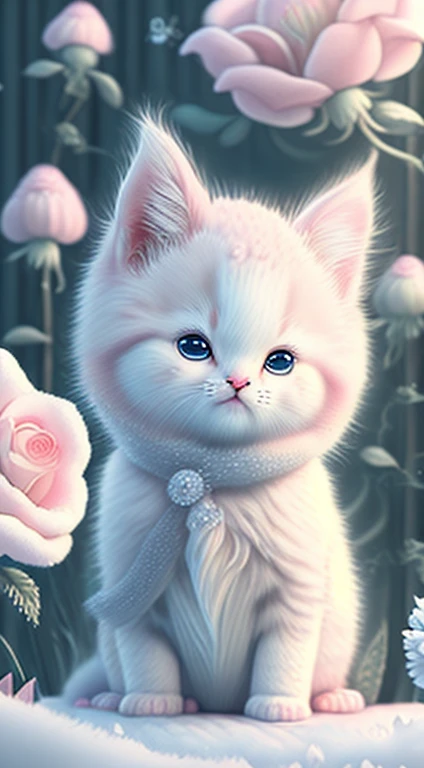 In this ultra-detailed CG art, Cute kittens surrounded by ethereal roses, lol声, best quality, high resolution, intricate details, fantasy, adorable animal, left, interesting, left!! Mouth!!! lol!!!