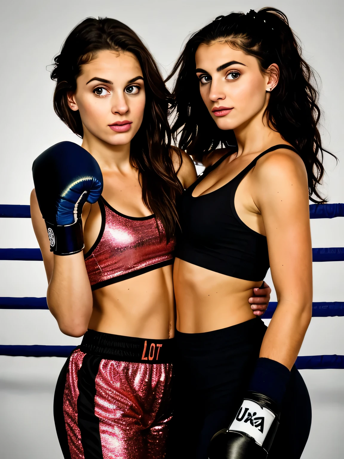 Imagem de duas jovens lindas de 18 anos lutando boxe entre si, bravas, nervosa, bad girl, petit teen, seios grandes, usam blusa top, decote ousado e sexy, Serious, malvada, brava, irritada, cara de mau, branca, beautiful Brazilian and the other Asian, in fighting position, boxing gloves on hands, hands at chin height, one has her arm stretched forward punching the face of the other girl in the fight, bunda grande perfeita, coxas grossas e fortes, with beautiful braided and combed hair, olhos lindos, olhos verdes brilhantes, eyes as green as possible, bota de salto alto brilhante, usando top curta e short preto colado no corpo, em sala fechada, Parede com ladrilhos de metal preto, (discoteca lotada e escura, luz escura e mal-humorada: 1.2), (foto de corpo inteiro), imagem detalhada, as realistic as possible, obra de arte.