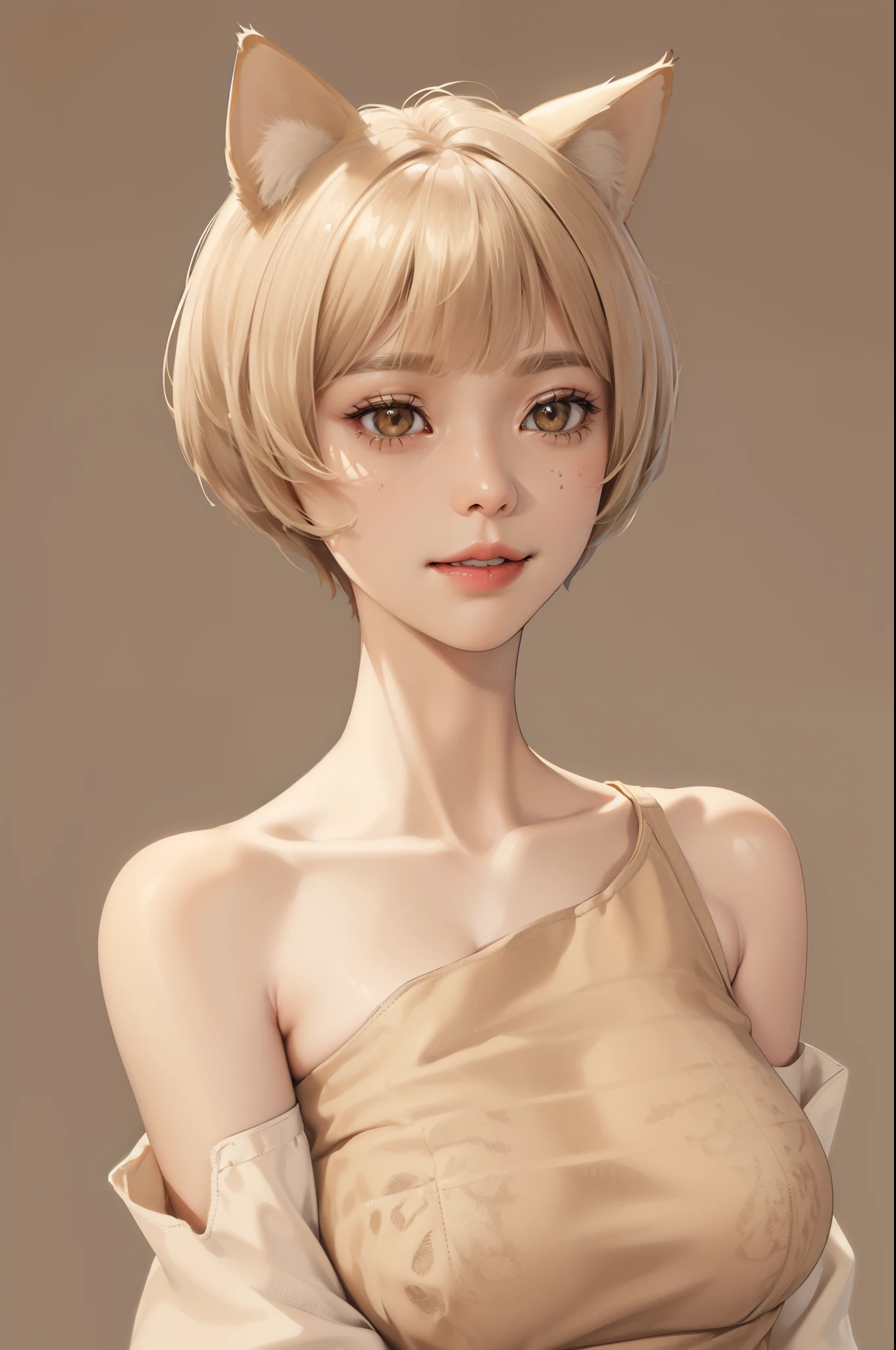 (masterpiece:1.2, best quality), (real picture, intricate details), (1lady, solo), full body, close-up face, casual, natural fabrics, smile, Top Quality, Masterpiece, Hi-Res, Beautiful Face, photography, High Resolution, 4k, 8k, Asian face, beige arm sleeve, detailed face, detailed eye, exposed shoulder, (((light brown eyes, beige cat ears, medium breast:1.5, beige hair:1.5, beige kimono:1.5, short pixie cut:1.5))), ((beige hair:1.5, beige kimono:1.5)), (background small town:1.5),