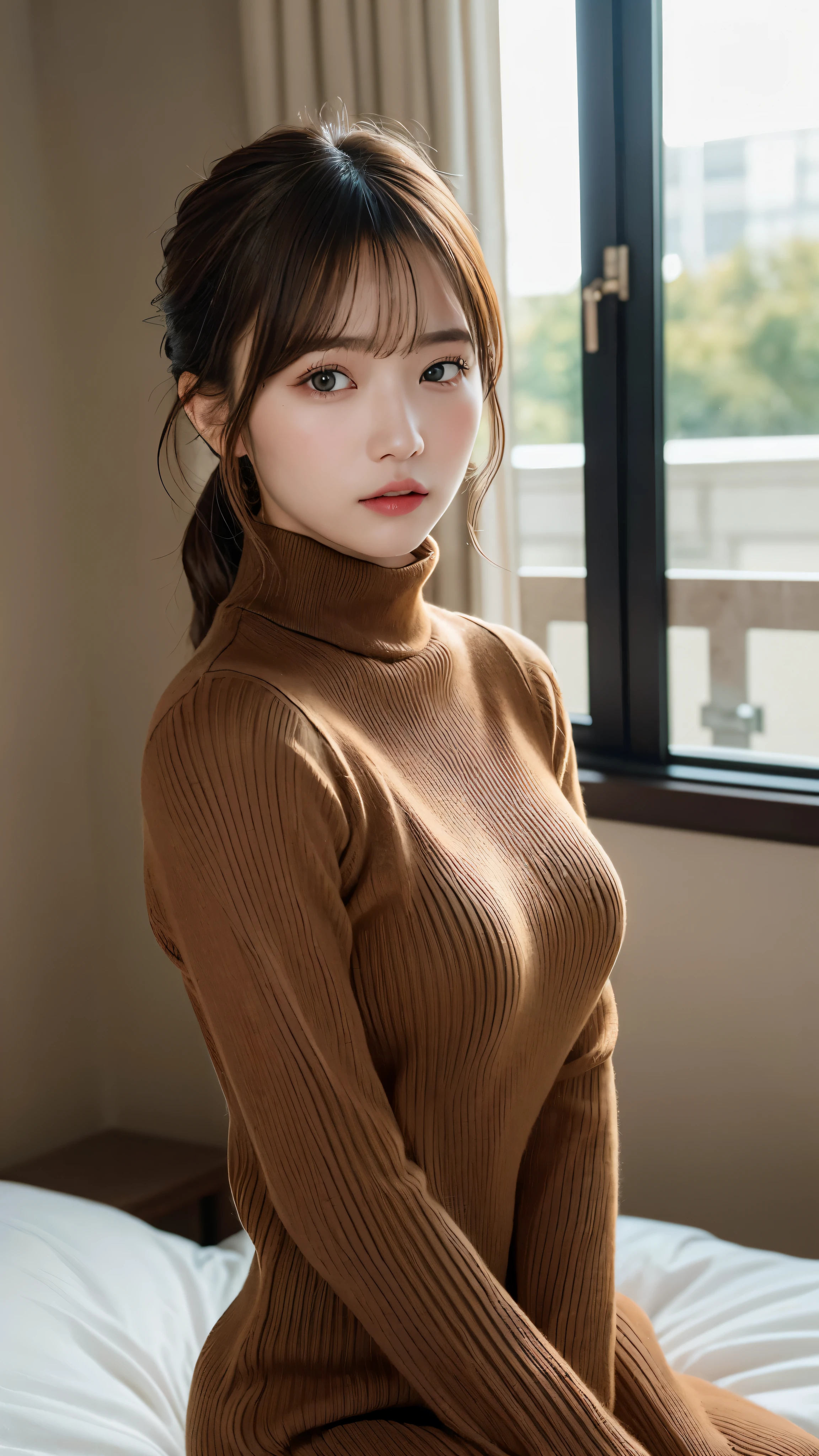 ((NSFW))、(masterpiece:1.5)、(realistic:1.5)、(highest quality:1.4、8K、RAW photo)、 ultra high resolution、professional lighting、perfect dynamic composition、Shot indoors、 film grain、chromatic aberration、(Bokeh:1.1)、 Frank、Sophisticated、charm、超realistic、high detail、golden ratio、 (1 girl)、slender girl、繊細でcharm女の子、cute woman:1.4、 serious expression、looking at the viewer、sculpture installation、sitting on the bed、light brown hair、shining hair、Hair style is ponytail、 skin that looks real、 close your mouth、fine eyes、double eyelid、thin arms、、 (She is wearing a brown turtleneck ribbed sweater dress.:1.3)、show thighs