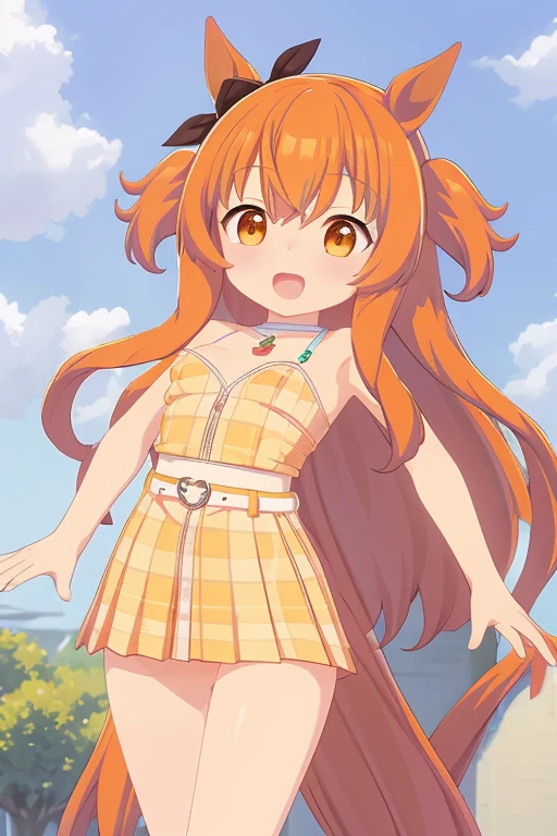 super detailed, High resolution, Very detailed CG, anime picture,(masterpiece, highest quality:1.4), figure ,1 girl, mayacas, (laughter), orange hair, horse ears, Completely naked,small breasts,nipple,Pussy, blue sky,  nsfw
 