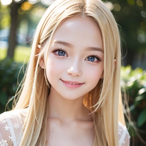 one very beautiful cute young girl、、((very happy smile ))、Embarrassed blush、Beautiful very long shiny blonde straight hair with golden shine、Shiny and very beautiful pure white skin、Very beautiful and cute pale blue detailed eyes、shiny skin、 Very beautiful cute face、Beautiful cute bright look、Clear double eyelids、beautiful cute big eyes、A perfectly balanced face, {rightward｜facing left｜positive}