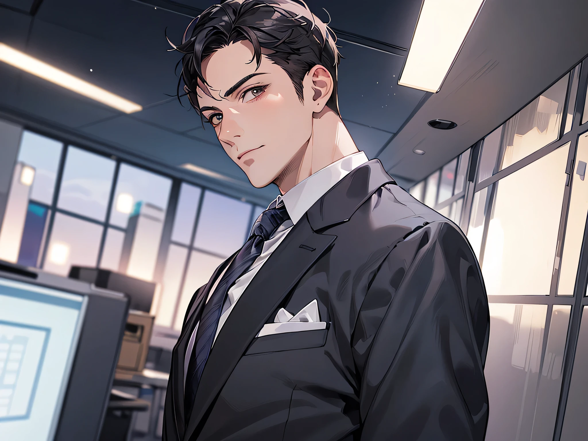 mature male,(middle aged male),ビューアーにカベドン,((close up)),dramatic angle,masterpiece,shoot from below, upper body shot, business Suit,tie,man,solo,(40-year-old),Black top, short hair,looking at viewer,office,(night)