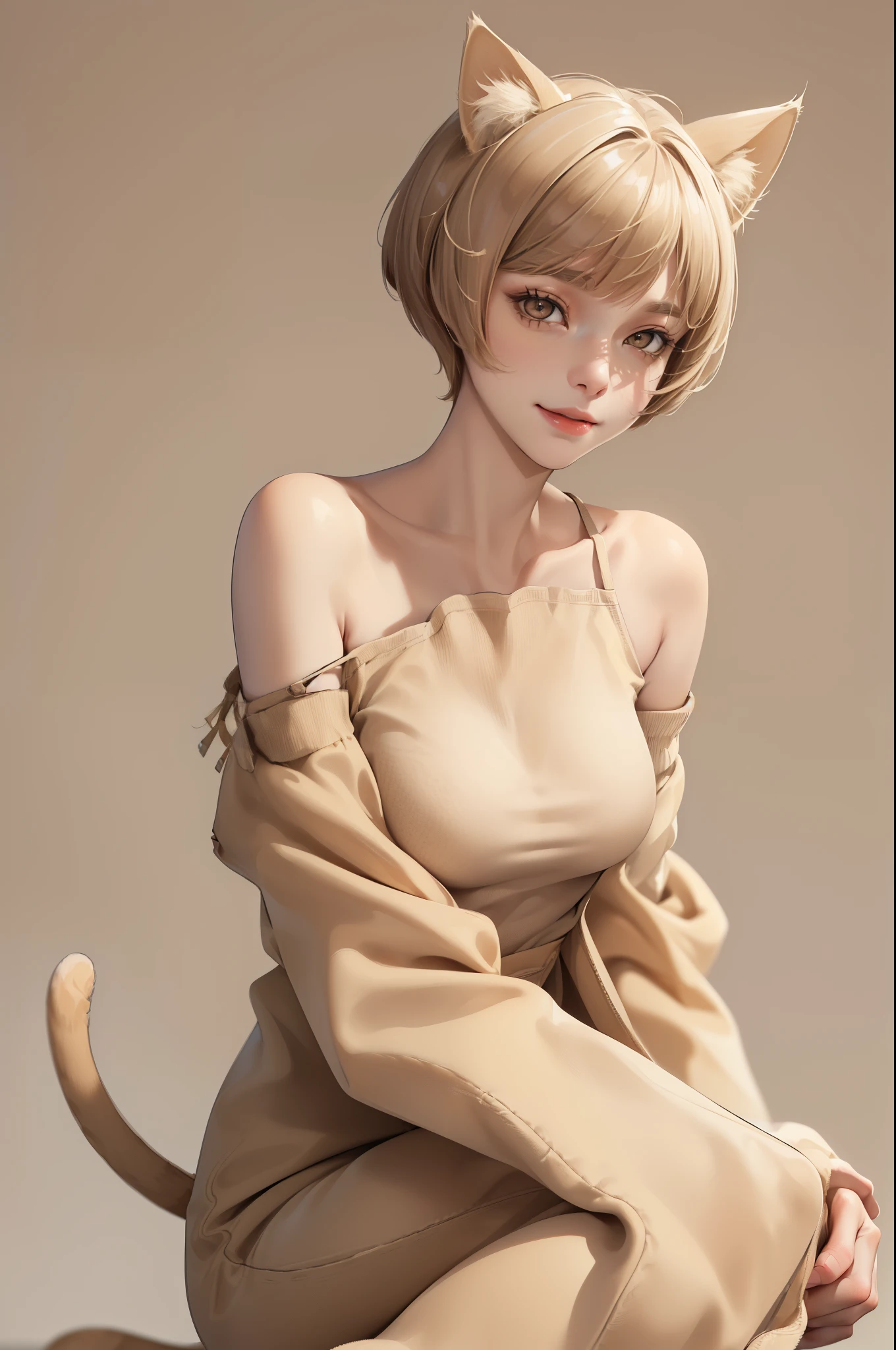 (masterpiece:1.2, best quality), (real picture, intricate details), (1lady, solo), full body, close-up face, casual, natural fabrics, smile, Top Quality, Masterpiece, Hi-Res, Beautiful Face, photography, High Resolution, 4k, 8k, Asian face, beige arm sleeve, detailed face, detailed eye, exposed shoulder, (((light brown eyes, beige cat ears, medium breast:1.5, beige hair:1.5, beige swimsuit:1.5, short pixie cut:1.5))), ((beige hair:1.5, beige swimsuit:1.5)),  (background small pond:1.5),