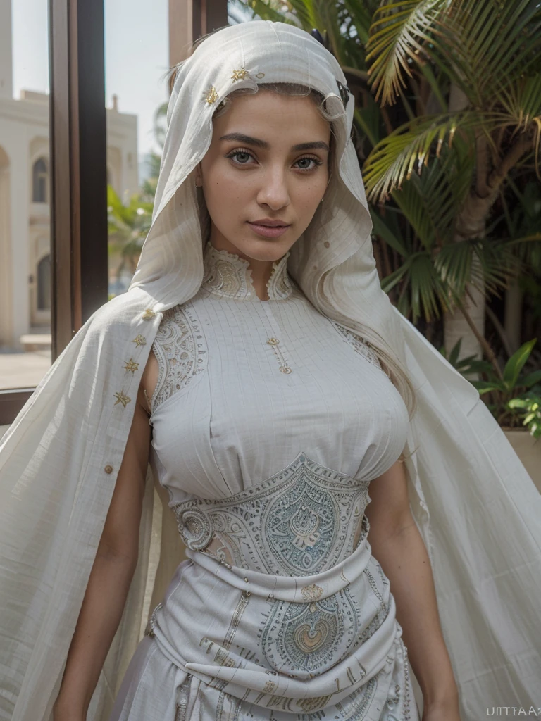 ((((((A Beautiful Arabian woman wearing a cultural dress, ultra detailed)))))), (((full body portrait))), (22 years old, innocent face, natural wavy hair, blue eyes, high resolution, Intricate high detail, Highly detailed, Sharp focus, Detailed skin, realistic skin texture, texture, detailed eyes, professional, charming smile, shot on Canon, shallow depth of field, Kodak Vision Color, realistic Body, extremely detailed, photography_\(ultra\), Realistic, Post-processing, maximum details, roughness, real life, ultra realistic, Photorealism, photography, 8k UHD, photography, busty, 85mm, Photorealistic, multiple views, pov, first-person view, Masterpiece, Best quality, 4k)