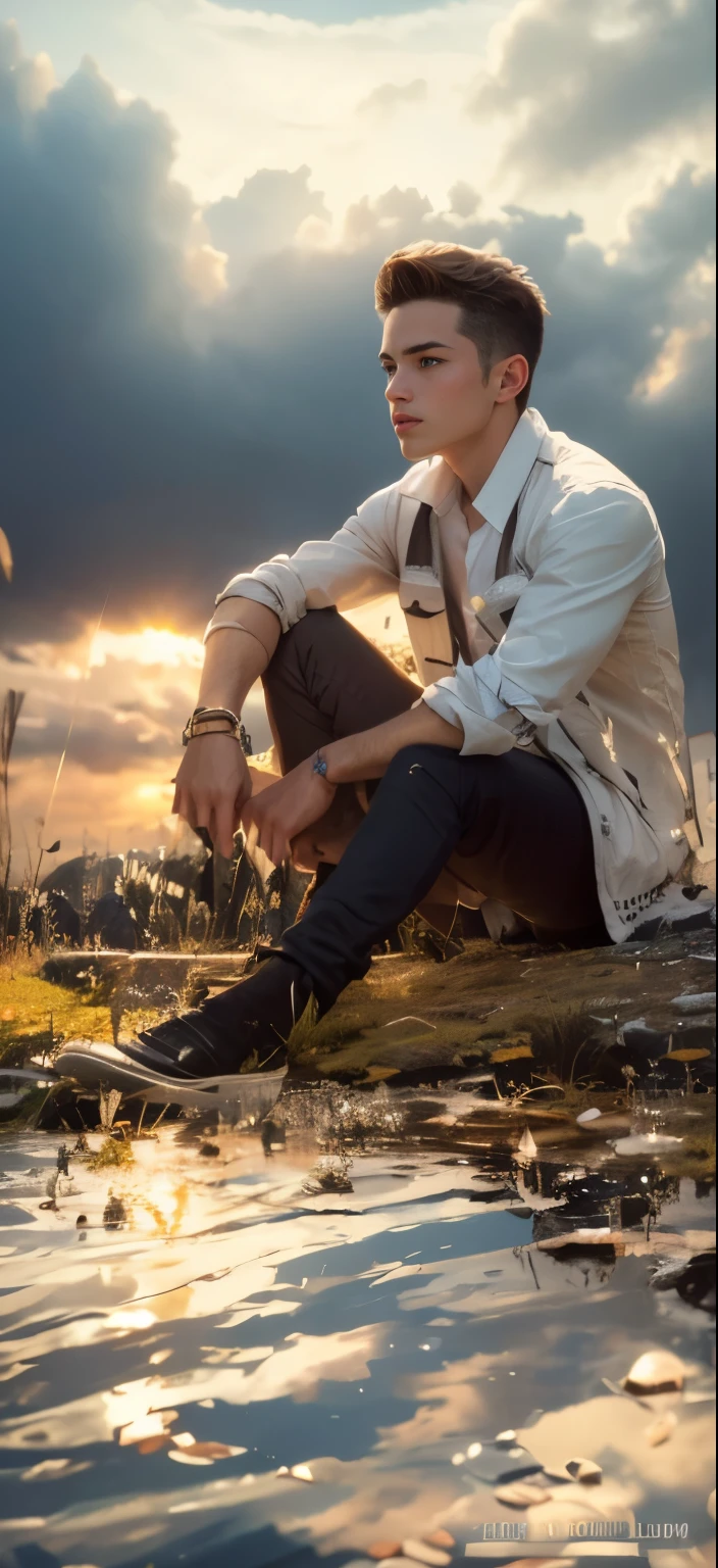 (absurdres, highres, ultra detailed, HDR), masterpiece, best quality, portrait of a boy, handsome boy with blue eyes, detailed face, in a town, young built body, handsome adventurer, professional photo, rpg style man detailed torso, sitting comfortably while legs spread, (puffy(from below:1.1)), eyes on viewer,young boy 18 years old, handsome boy, detailed background, masterpiece art