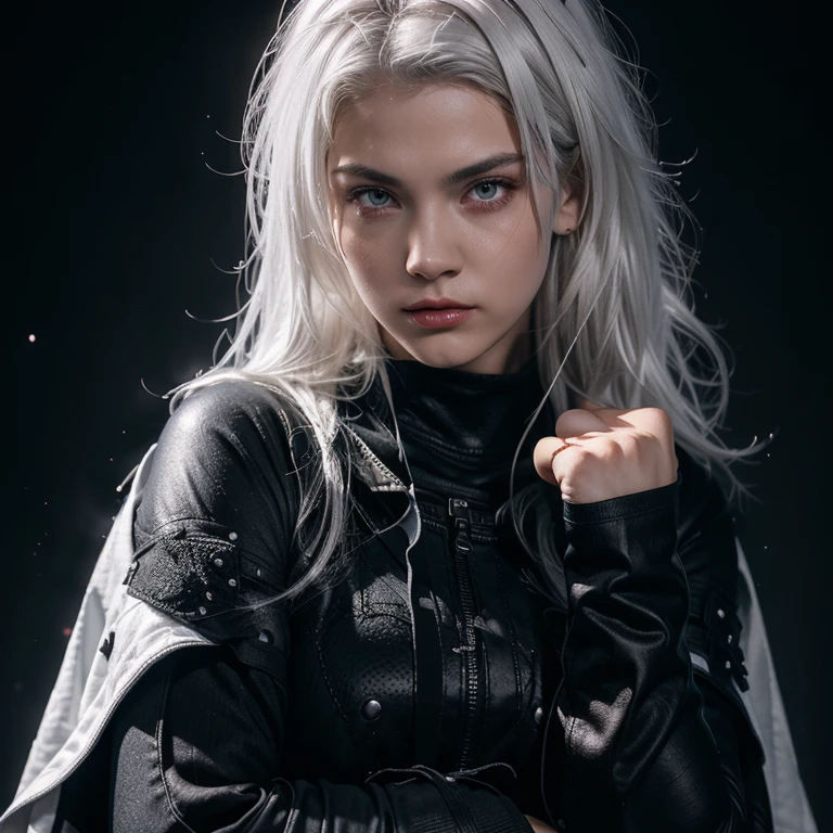 Fighting girl, epic, with particles, HD, 8k, white hair, with black cape, line marks on the face, serious face, closed mouth, casual pose, hands in Bruce Lee position, tactical pants, black hood, black lines under the eyes, black polar diver, eyes with marked rings, detailed face, blood on the lips,