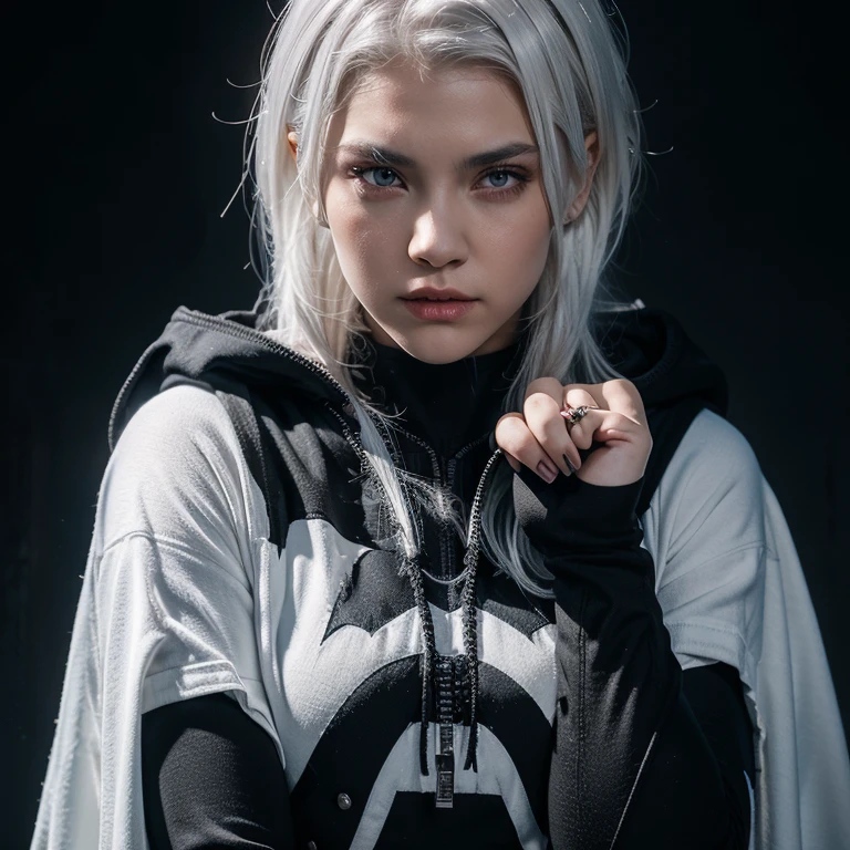 Fighting girl, epic, with particles, HD, 8k, white hair, with black cape, line marks on the face, serious face, closed mouth, casual pose, hands in Bruce Lee position, tactical pants, black hood, black lines under the eyes, black polar diver, eyes with marked rings, detailed face, blood on the lips,