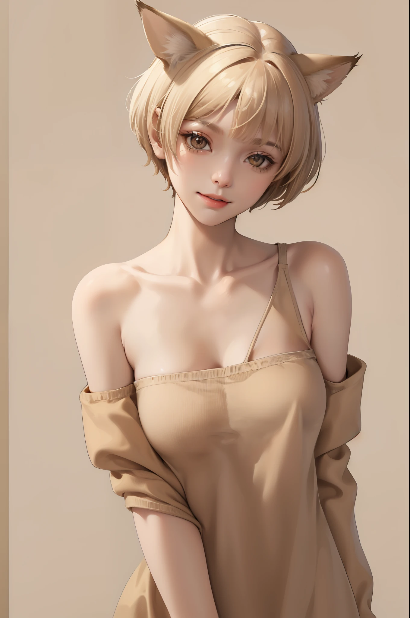 (masterpiece:1.2, best quality), (real picture, intricate details), (1lady, solo), full body, close-up body, casual, natural fabrics, smile, Top Quality, Masterpiece, Hi-Res, Beautiful Face, photography, High Resolution, 4k, 8k, Asian face, beige arm sleeve, detailed face, detailed eye, exposed shoulder, (((light brown eyes, beige cat ears, medium breast:1.5, beige hair:1.5, beige clothes:1.5, short pixie cut:1.5))), ((beige hair:1.5, beige clothes:1.5)),  (background small  town:1.5),