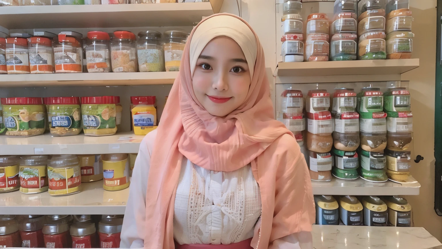 woman in hijab smiling in a cafe with a counter and shelves, a picture inspired by Fathi Hassan, pexels contest winner, realism, portrait shot, mid shot portrait, malaysian, cute woman, attractive girl, young middle eastern woman, medium shot portrait, close - up portrait shot, close up portrait shot, a young asian woman, photo of young woman