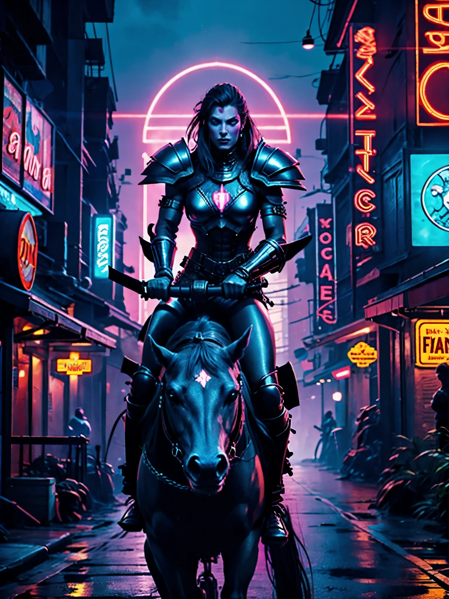 Year 2385 - A futuristic Barbarian Girl With Bikini Armor and glowing eyes on a horse, Rides through City. Style Neon Punk.