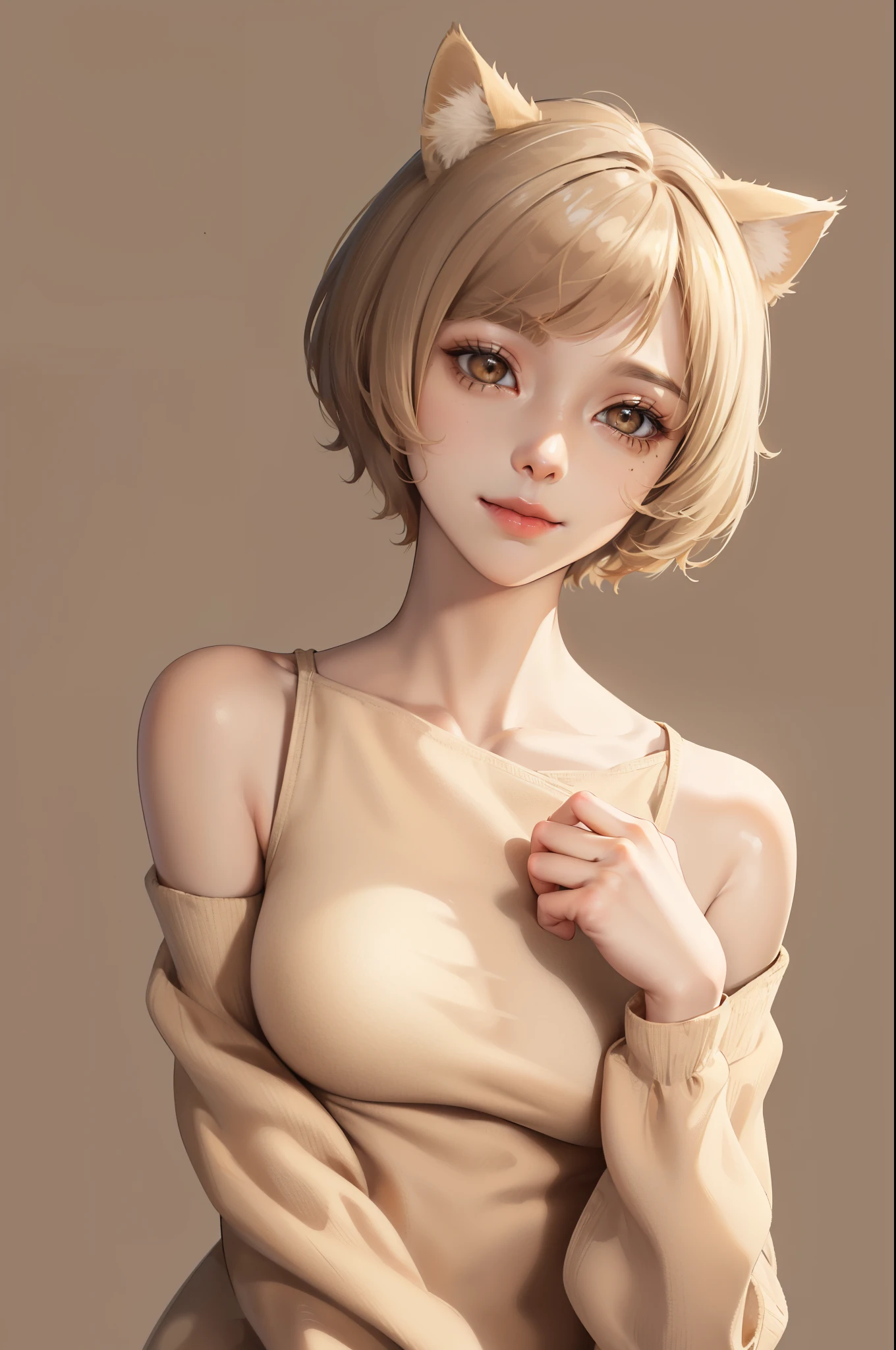 (masterpiece:1.2, best quality), (real picture, intricate details), (1lady, solo), upper body, close-up face, casual, natural fabrics, smile, Top Quality, Masterpiece, Hi-Res, Beautiful Face, photography, High Resolution, 4k, 8k, Asian face, beige arm sleeve, detailed face, detailed eye, exposed shoulder, (((light brown eyes, beige cat ears, medium breast:1.5, beige hair:1.5, beige clothes:1.5, short pixie cut:1.5))), ((beige hair:1.5, beige clothes:1.5)), (background autumn field:1.5),