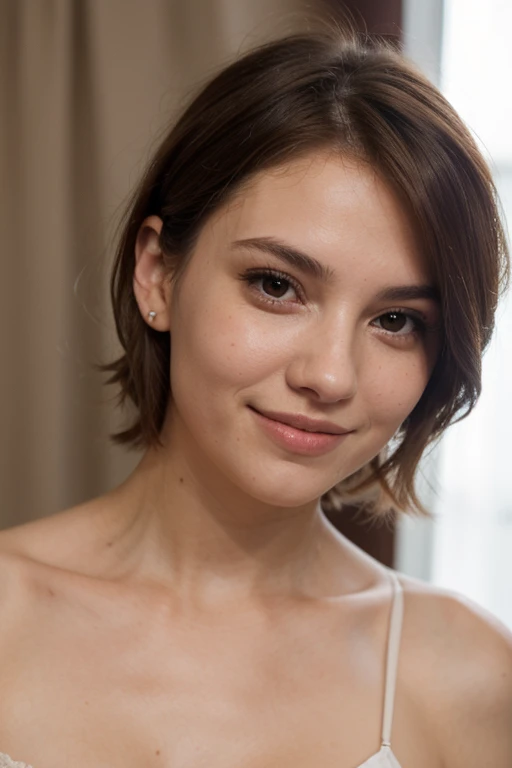 20 year old woman. Piel blanca, texturizada; Ojos marrones;Short shoulder length light brown hair. Sonriendo