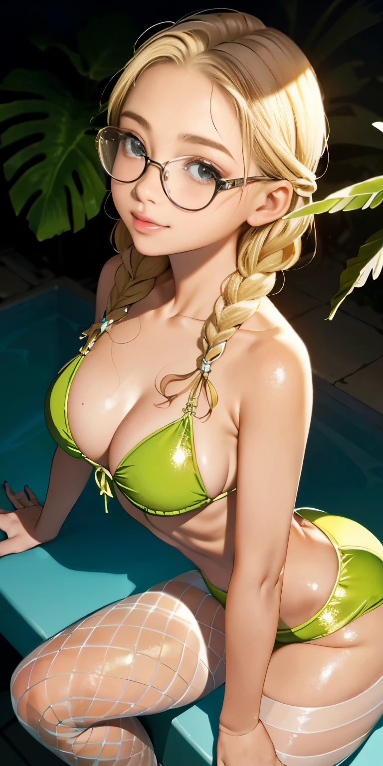 wearing glasses、highest quality))、((masterpiece)、real skin glow、(((( girl))))、Close-up view of blonde braided hair loser on tropical coast looking up from basement)、(Opaque Bikini)、wear white fishnet tights。sexy pose、My breasts have grown、sunset、slight smile、((1 Shiny skin.7))