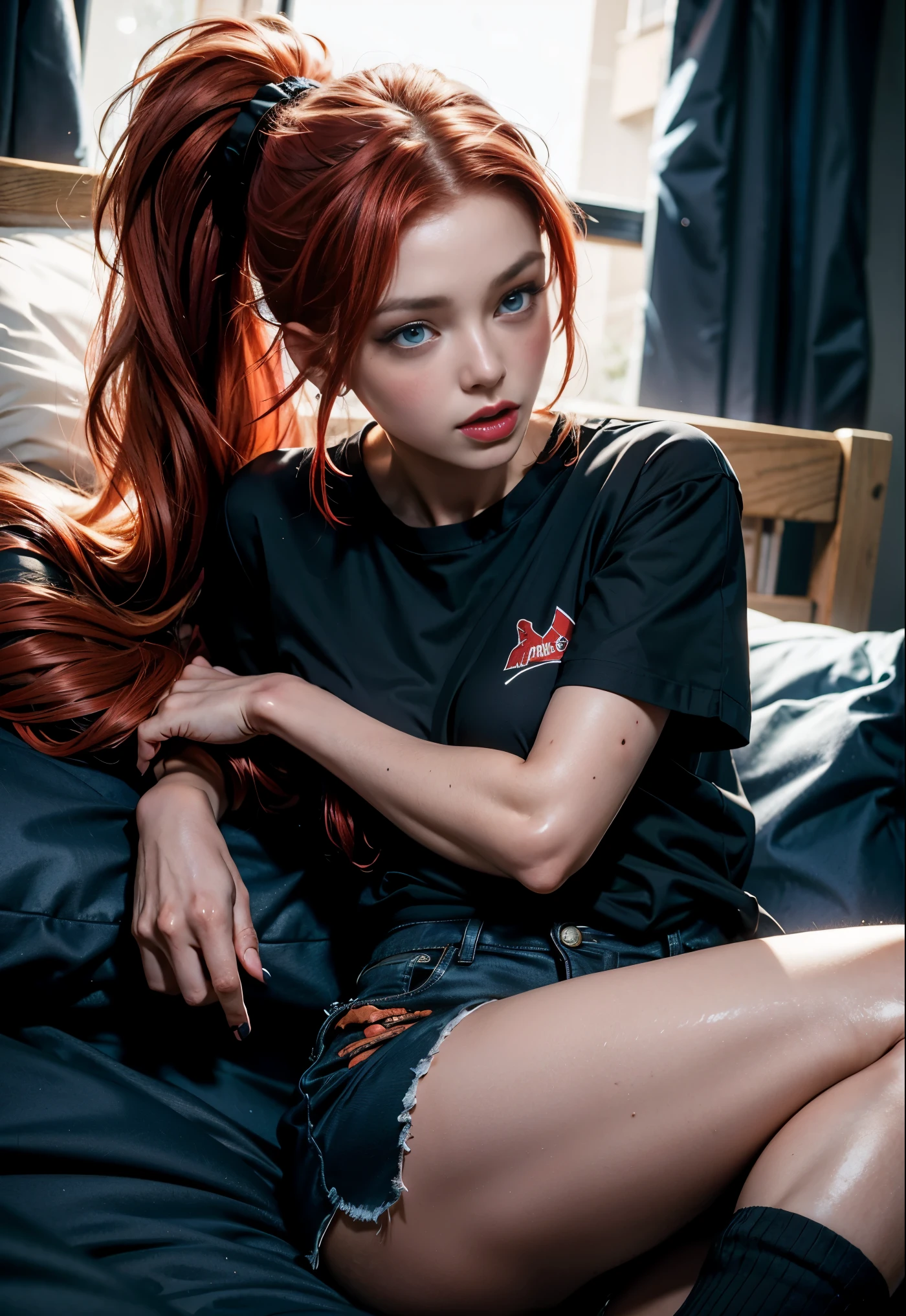 Beautiful woman with blue eyes, red hair, ponytail, black blouse and black shorts, lying on the bed
