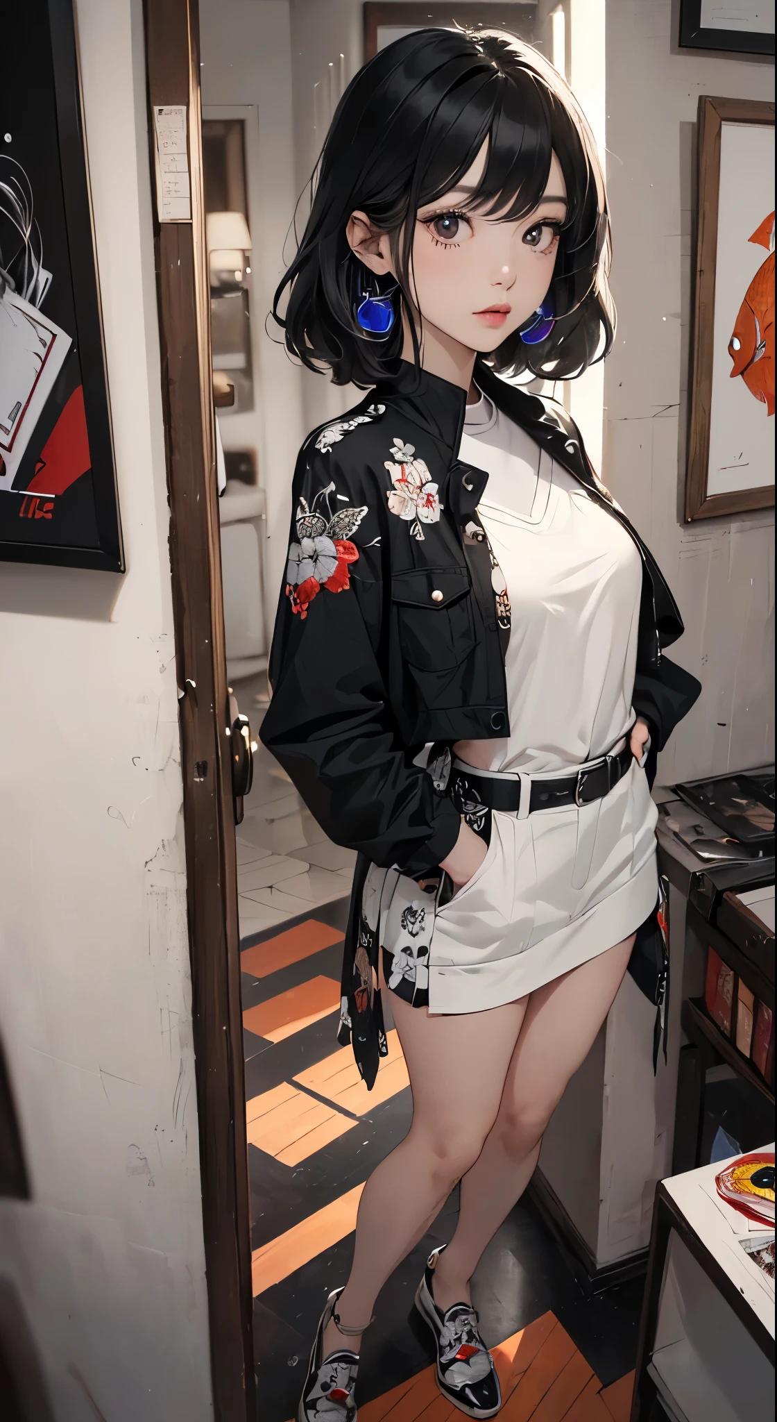 (((Highly detailed CG unit 8k wallpaper:1.2, masterpiece, High resolution:1.2, highest quality:1.2, table top))), ((very beautiful woman, put one's hand in one's pocket:1.8, grunge fashion:1.2, Wearing a blouson:1.2, wearing a long skirt, put on shoes)), ((highly detailed face, Highly detailed black eyes, extra detailed body, highest qualityのリアルテクスチャスキン)), (black haired, hair length, white skin, small:1.2), ((Colorful geometric patterns are painted all over the wall...., Colorful wall)), (high angle:1.2, Fisheye:1.3), surreal, digital paint,