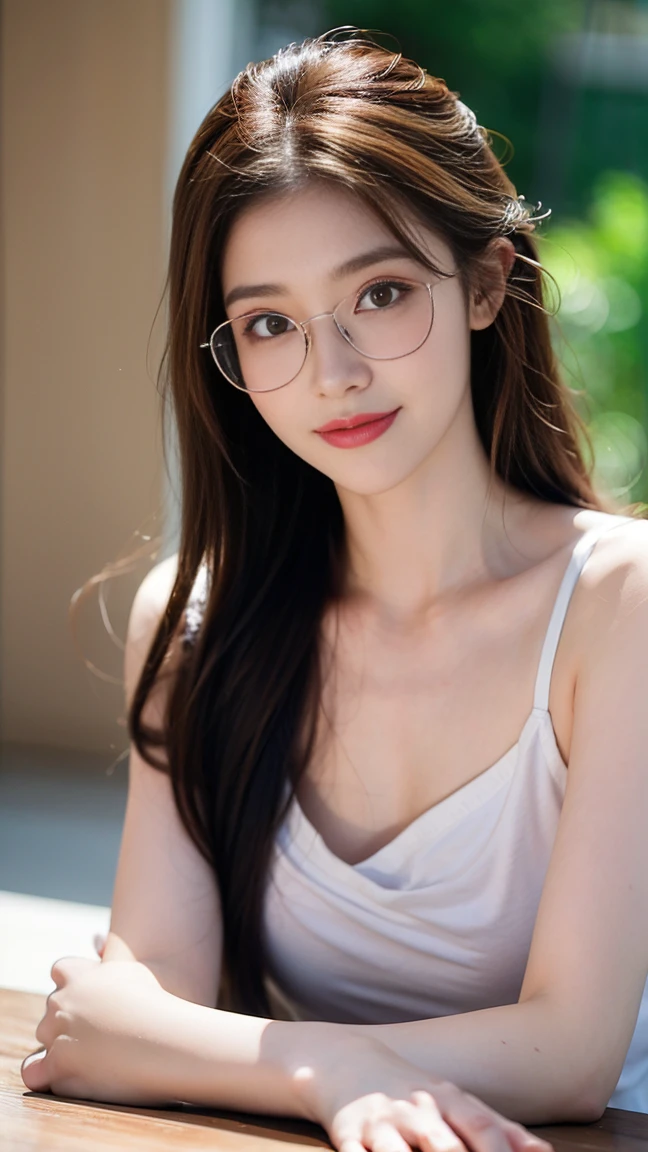 Highest quality、masterpiece、High sensitivity、High resolution、Detailed Description、Slender women、Glasses、With a smile、Raise your hand、