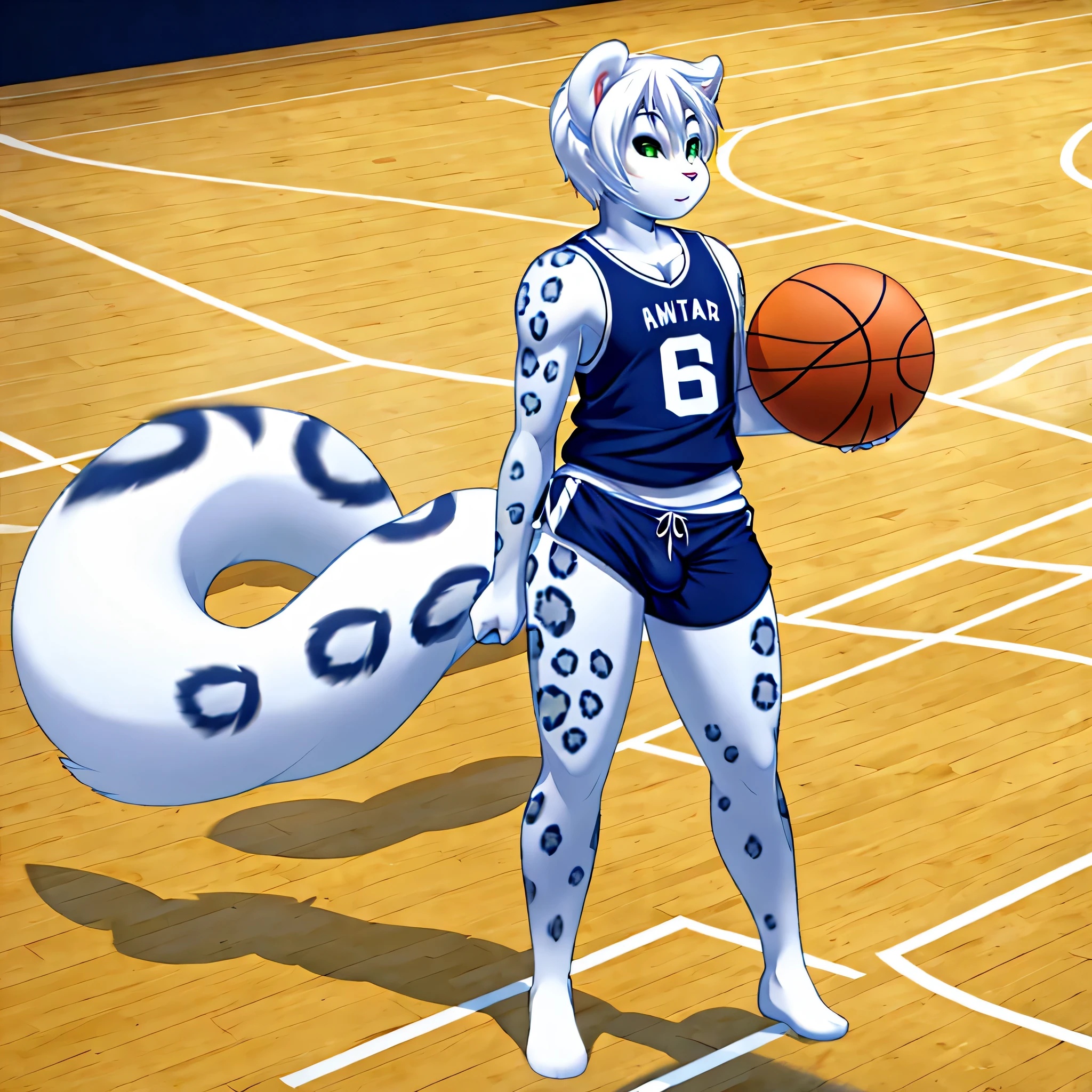 (Masterpiece) (High Detail) (High Res) A Short slim Snow Leopard Femboy Male with green eyes and thick white fur a long thick white fluffy tail and a big white penis and balls and curvy hips. He is wearing a pair of navy blue basketball shorts and is stood in the middle of a basketball court. 