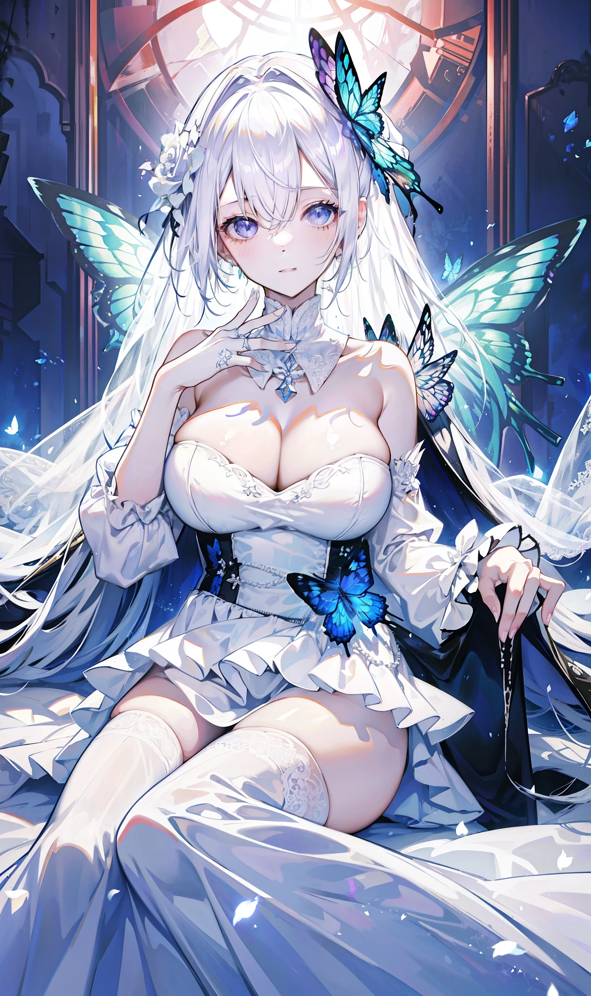 silver hair,Butterfly,long white hair,white wedding dress,8k wallpaper,Detailed background,Highest resolution,Deep V big breasts,hair covering one eye,bandeau wedding dress,Chis,White Rose,tight,